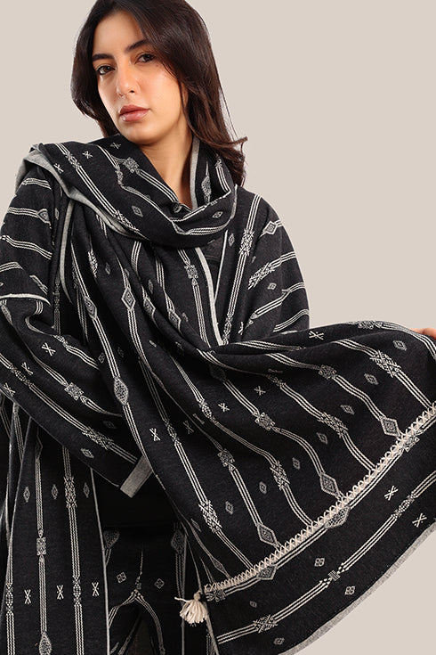 Embroidered striped shawl with tassels